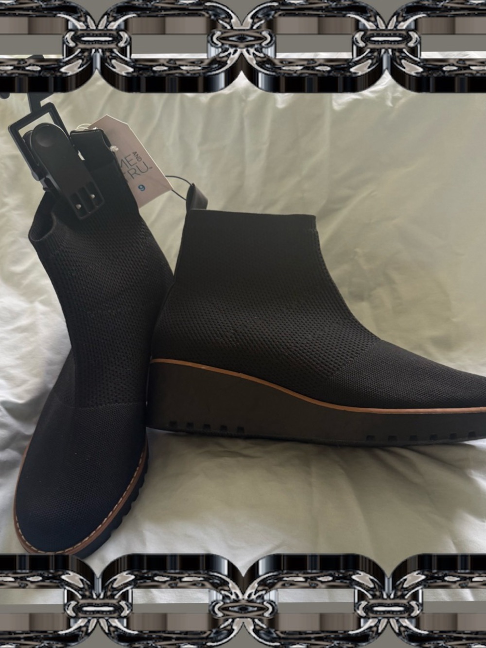 Time and Tru Black Knit Wedge Ankle Booties with Tan Trim